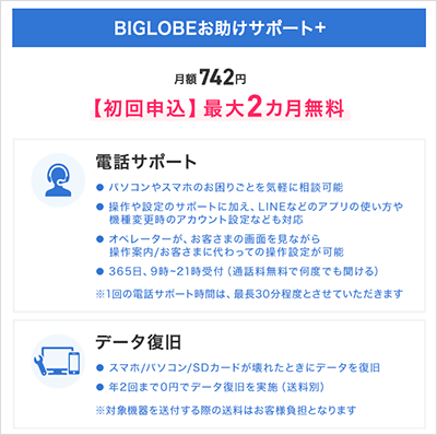 ビッグローブ光のお助けサポートは最初の2ヶ月間無料