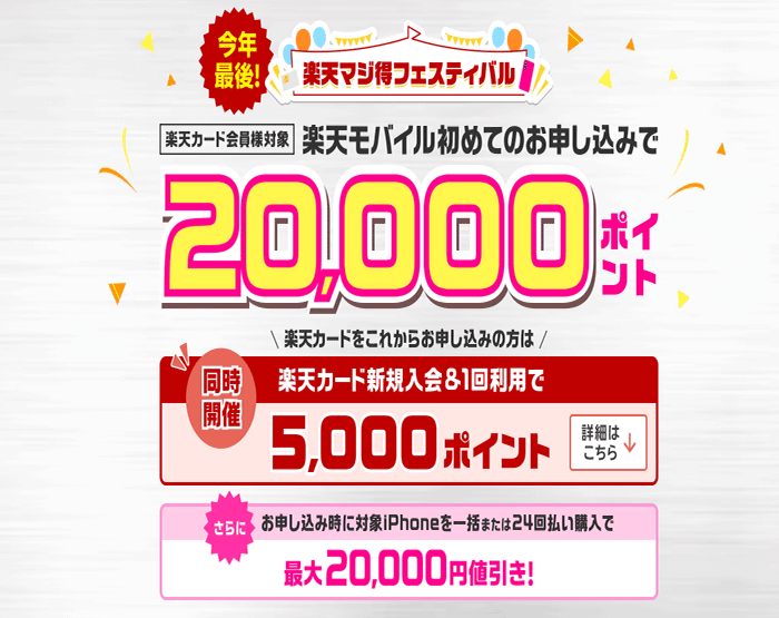 楽天モバイル初めてのお申し込みで20,000円相当の楽天ポイントプレゼント！