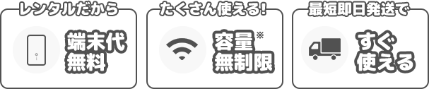 レンタルだから端末代無料！容量無制限、最短即日発送ですぐ使える！